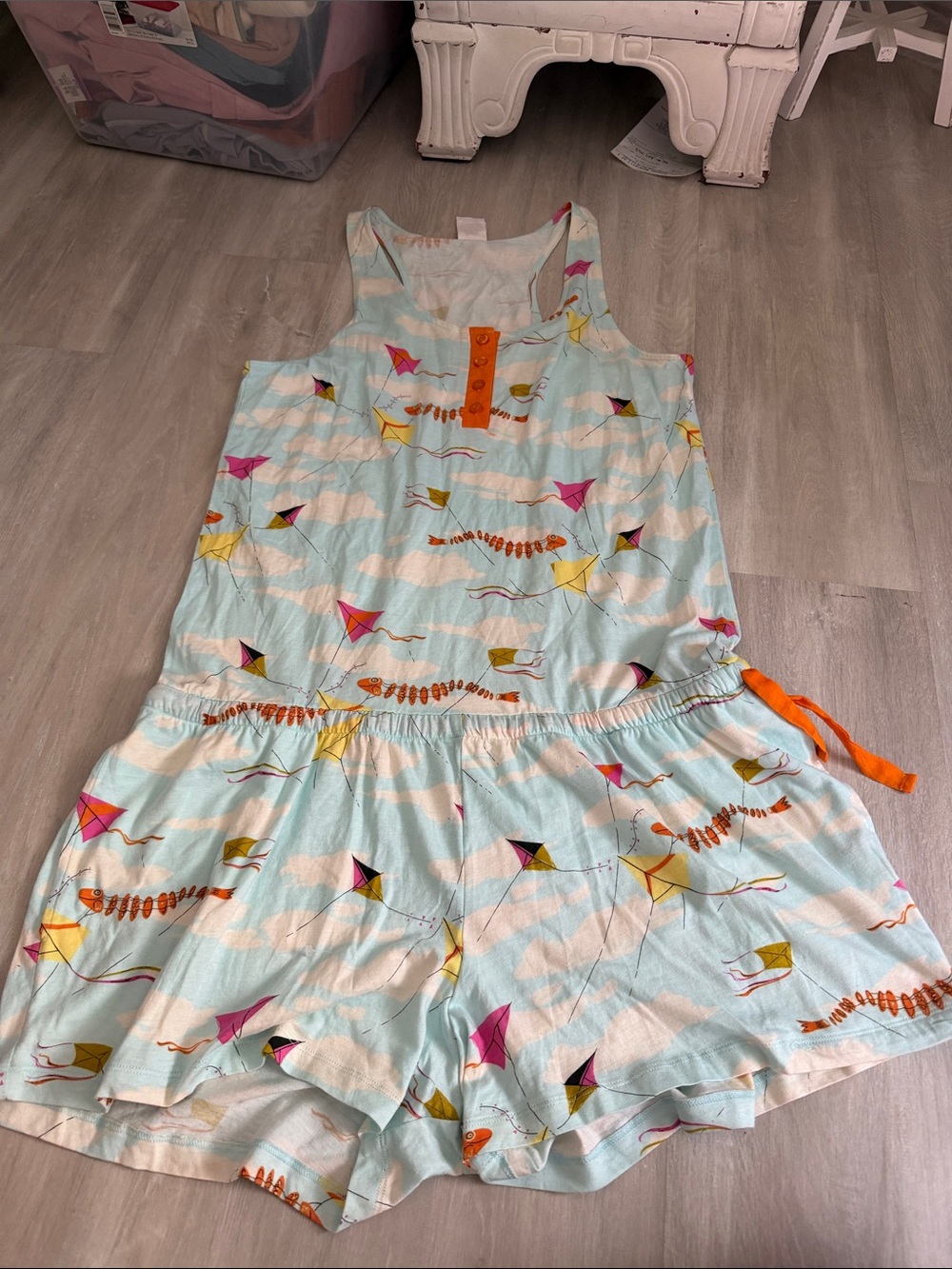 munki munki Light Blue Kite-Print women’s Pajama Romper with Orange Accents